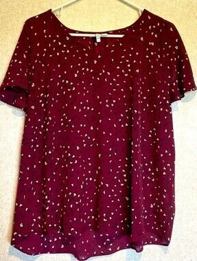 ELLE Sheer Burgundy Leopard Spot V-Neck Blouse XS